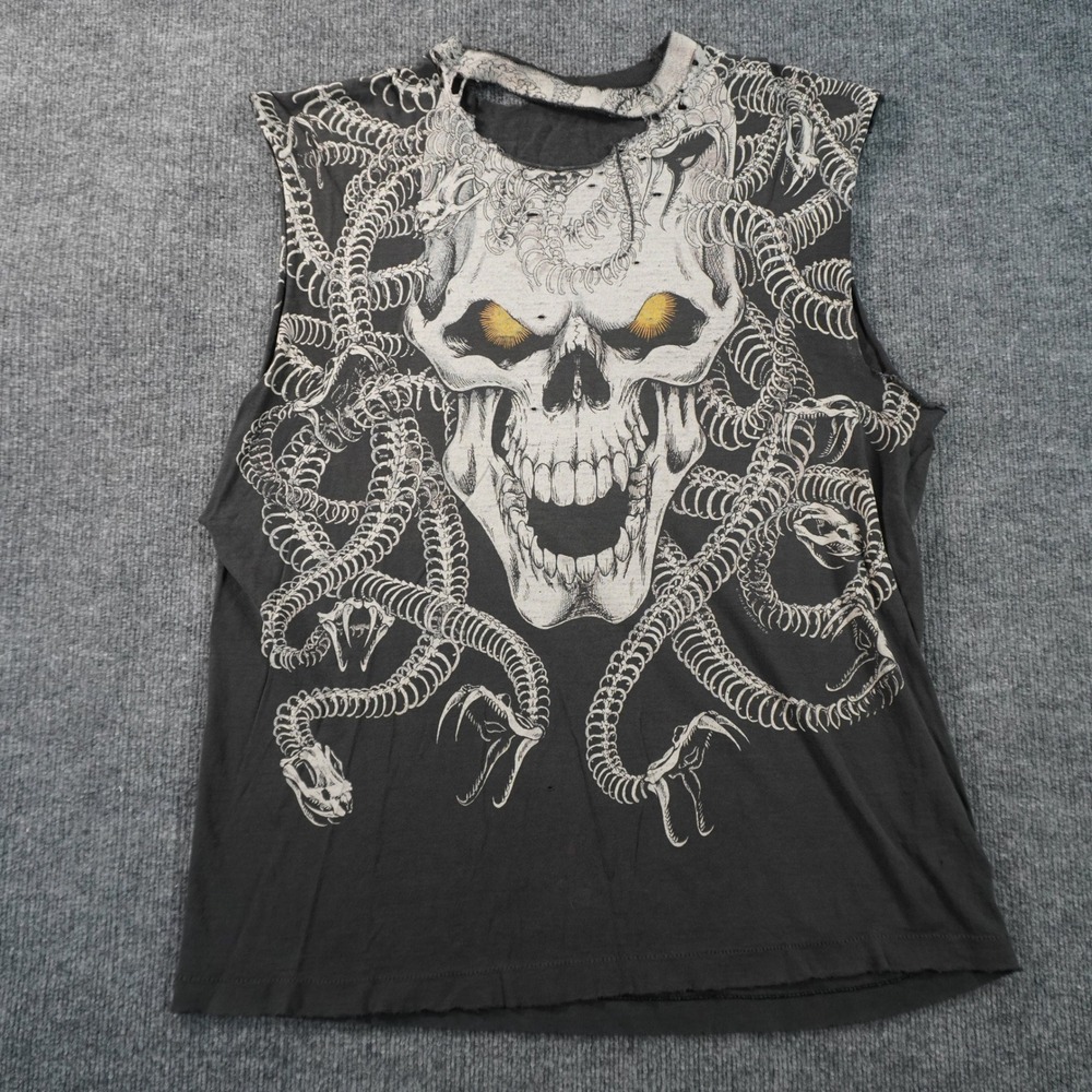 Vintage Liquid Blue Medusa Shirt Mens XL Black Skulls Distressed Faded AOP Tank